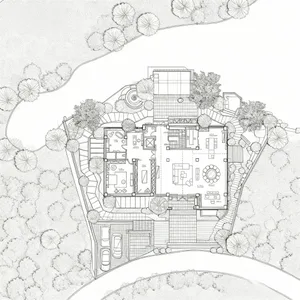 Detailed 2D drawing of a modern residential floor plan, showcasing contemporary design elements and layout.