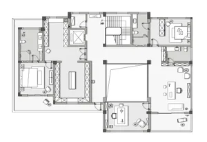 Modern home layout with living room, bedrooms, and kitchen