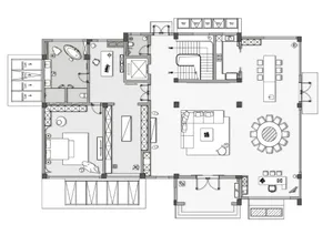 Modern living room with furniture layout and design elements.