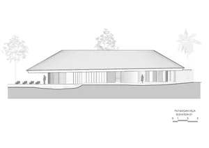 A perspective drawing of a modern villa with a concrete facade and open design.