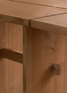 Close-up of wooden furniture showcasing joinery techniques and craftsmanship