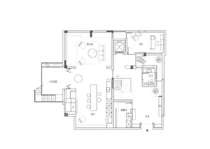 A floor plan depicting a modern house with various rooms and functional areas.