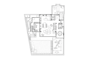 現代住宅平面圖，具開放式客廳空間與小廚房。