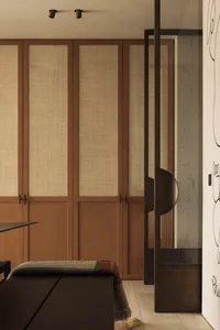 A minimalist hallway featuring wooden and glass paneling