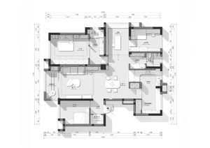 Modern residential floor plan showing living room, kitchen, bathroom, bedrooms, and hallway.
