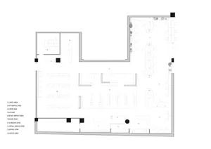 Floor plan of an office space with various functional areas, including rest areas, retail service desks, and office areas, fe