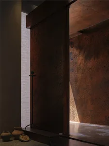 Interior space with modern metal-cladding design, featuring a floor-to-ceiling window, polished concrete floor, and minimalis