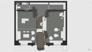 Simplified layout of a modern minimalist living room with furniture and functional zones.
