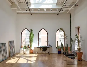 A modern workspace with potted plants, a wooden floor, and white walls