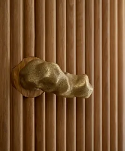 A sculptural brass door handle mounted on a wooden paneled door.