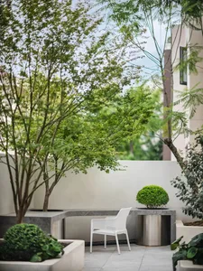Minimalist garden space featuring concrete planters, metal chairs, and greenery.