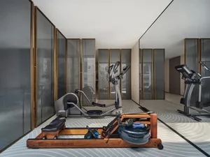 a modern gym featuring metal and glass equipment