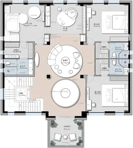 A modern house floor plan featuring a centralized living area with neutral colors throughout.