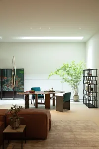 Modern living room featuring marble table, steel chairs, and green plant