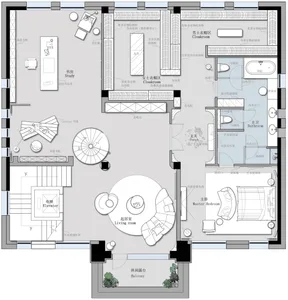 Detailed residential floor plan showing layout of modern living spaces, including bedrooms, bathrooms, and a living room.