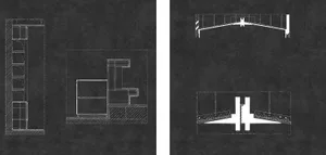 A modern interior design featuring geometric shapes and white walls.