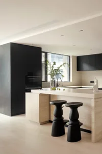Minimalist modern kitchen with marble countertop and black appliances.