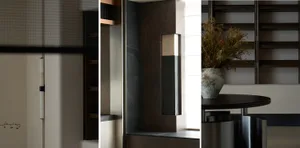 Modern traditional interior design featuring mixed materials.