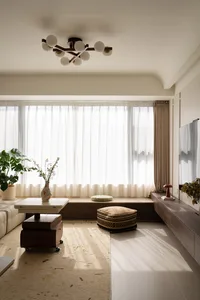 Modern minimalist living room with wood furniture, glass windows, and metal light fixture.