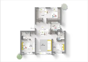 Floor plan of a modern residential apartment with neutral-colored walls and concrete finishes.