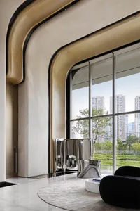 Modern living room featuring steel mirrors and marble furniture