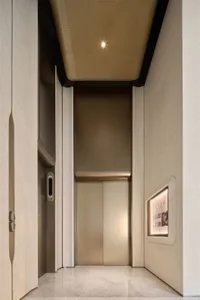Modern lobby featuring metal elements in a contemporary setting.