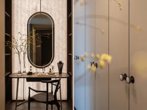 A modern closet interior featuring a fabric-covered wardrobe, a vanity table, and decorative elements such as a vase with yel