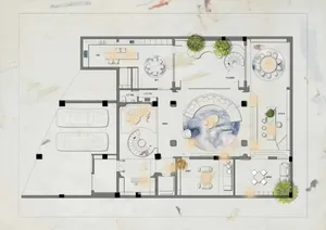 Floor plan of an architectural design for a hospitality space