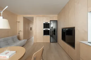 Modern minimalist kitchen featuring wooden cabinets and appliances.