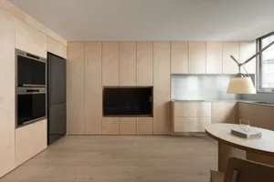 Modern minimalist kitchen with wooden cabinets and integrated appliances.