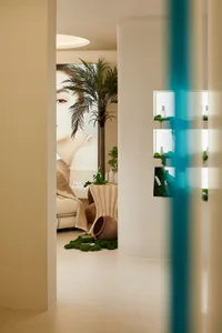 Spa interior with modern concrete design and lush greenery