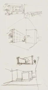 A sketch of a modern exterior wood frame house with a focus on the structural design and materials.