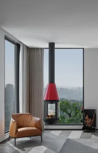 Modern living room featuring a glass ceiling with a red fireplace and a brown leather armchair.
