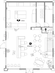 Plan of a modern apartment with living room, kitchen, dining area, and bathrooms.