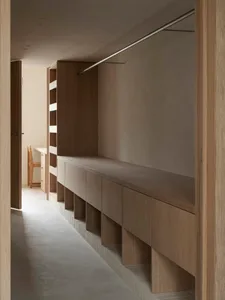 Minimalist interior design featuring wooden wardrobe storage with sleek, modern cabinet door designs.