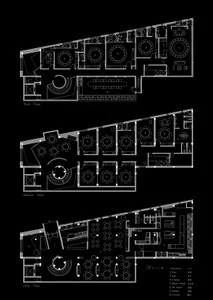 Floor plans of a restaurant interior depicted in black and white.