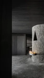 Contemporary commercial interior designed with concrete materials, featuring a modern aesthetic.