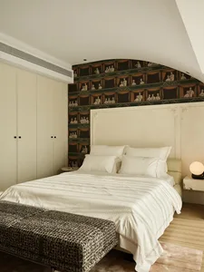 Industrial-style bedroom with a tile floor and minimalist furniture.