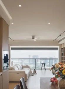 Modern interior design featuring a glass window and white leather sofa.