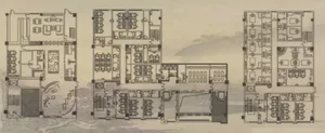 A 2D architectural plan of an office space on paper.