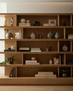 Modern interior shelf featuring a variety of decorative objects and books.