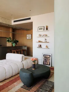 A modern living room with soft furniture, wooden shelves, and a patterned rug