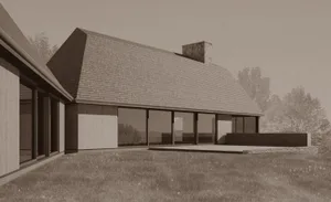 A modern residential exterior featuring a shingled roof and large glass windows.