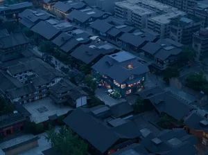 An aerial view of a traditional cityscape with tiled roofs and wooden structures.