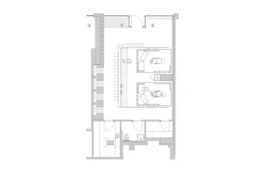 Top-down view of a modern residential interior floor plan including bedrooms, bathrooms, living areas, and storage spaces.