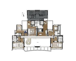 Floor plan of a modern apartment showing living room, kitchen, bedrooms, bathrooms, and balcony.