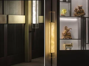 Modern interior room featuring decorative glass and wooden display elements.