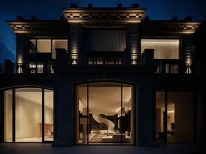 Modern residential building with concrete and glass materials.
