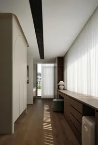 Modern home office with a wooden floor and large windows with vertical blinds.