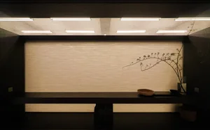 A minimalist interior design featuring blinds on a dark, wooden shelf.